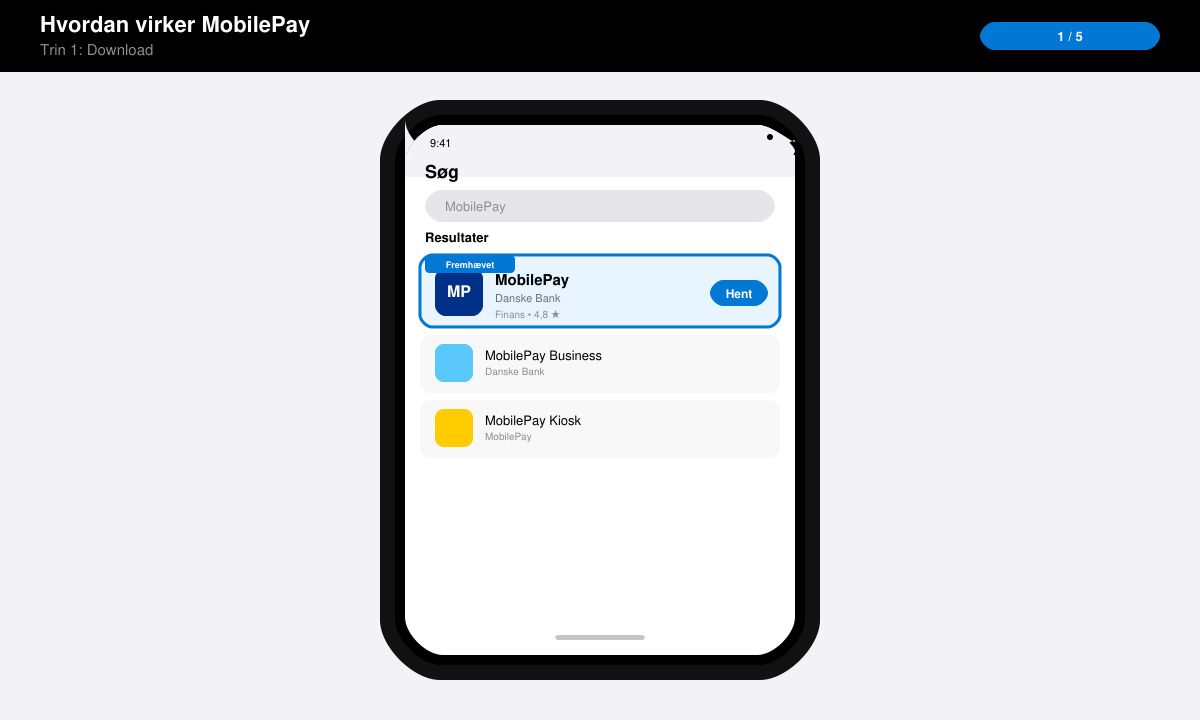 Trin 1: Søgning efter MobilePay i App Store på en telefon