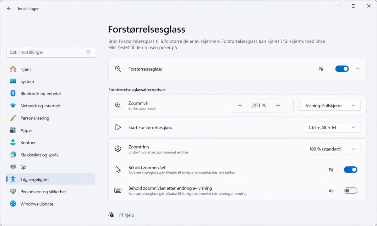 Windows innstillinger for Forstørrelsesglass under hjelpemiddelfunksjoner