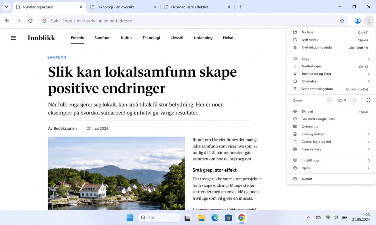Google Chrome med zoom-indikator i adressefeltet