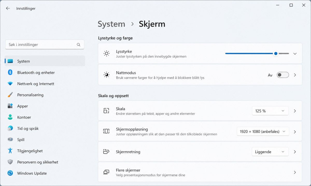 Windows skjerminnstillinger med skalavalg på 125 prosent