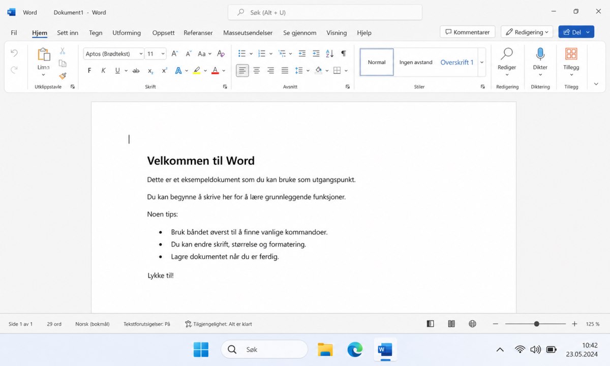 Microsoft Word med zoom-glidebryter nederst til høyre