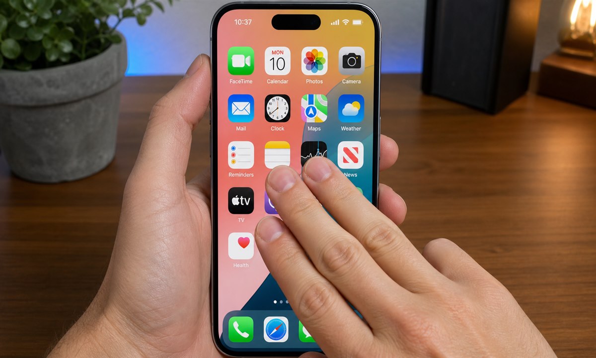 Tre fingre som dobbelttrykker på iPhone-skjermen for å zoome ut