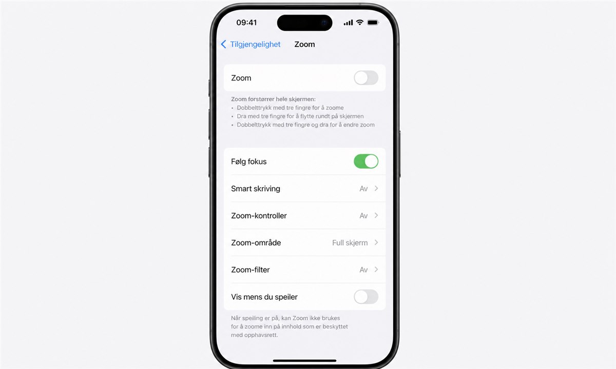 iPhone Innstillinger-meny med Tilgjengelighet og Zoom-bryteren av