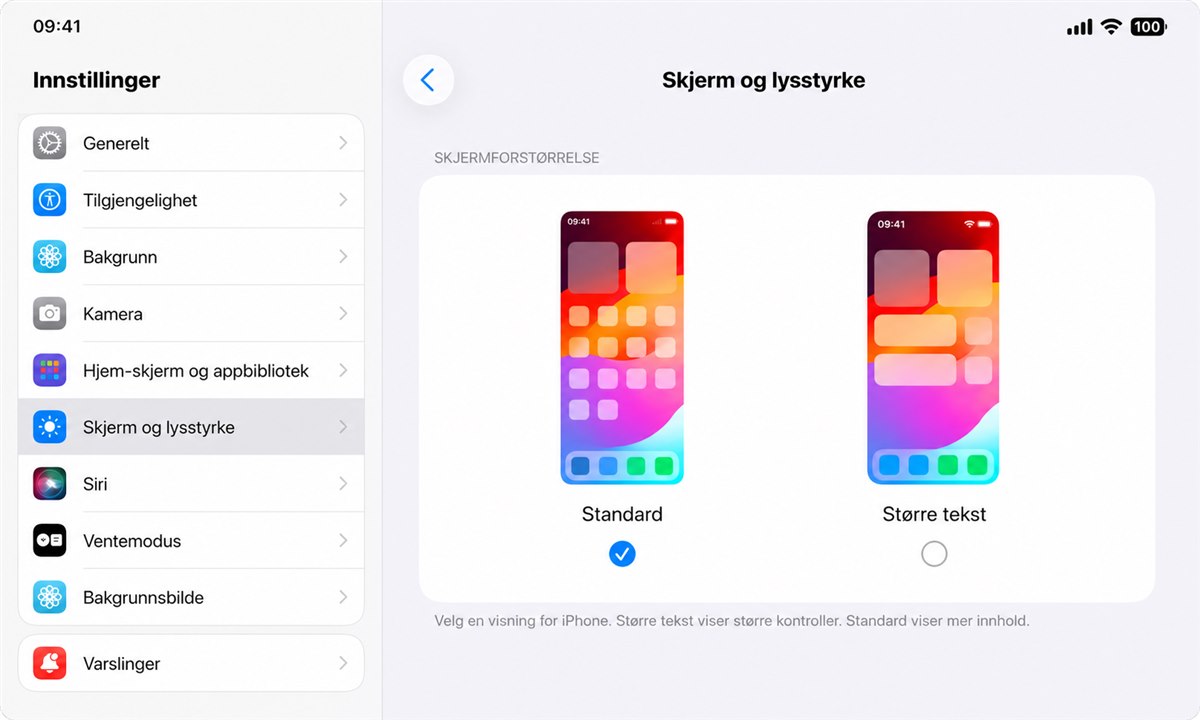 iPhone Skjermstørrelse-innstillinger med valg mellom Standard og Forstørret