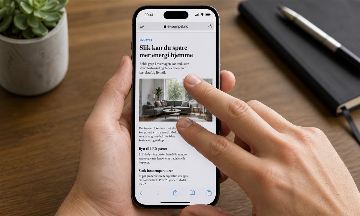 Safari på iPhone med to fingre som kniper inn for å zoome ut på nettside