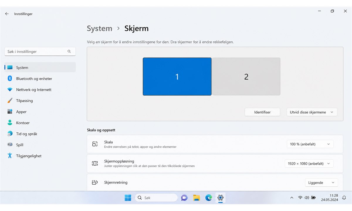 Skjerminnstillinger i Windows for å endre skalering