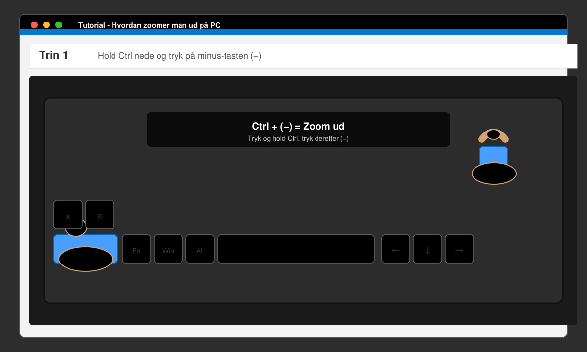 Tastatur med Ctrl og minus tastetryk for at zoome ud på PC