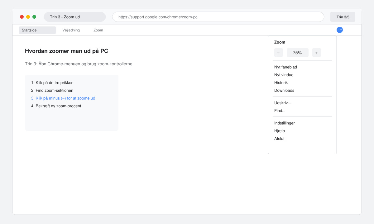 Browser menu med zoom-indstilling på PC