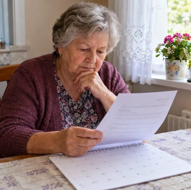 Starija žena za kuhinjskim stolom pregledava dopis i papirnati kalendar.