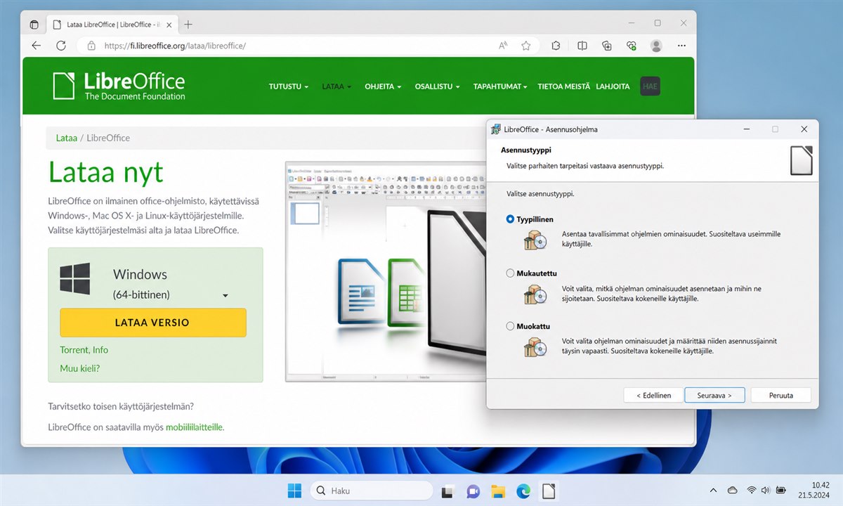 LibreOffice Writer asennus Windows 11 -tietokoneelle
