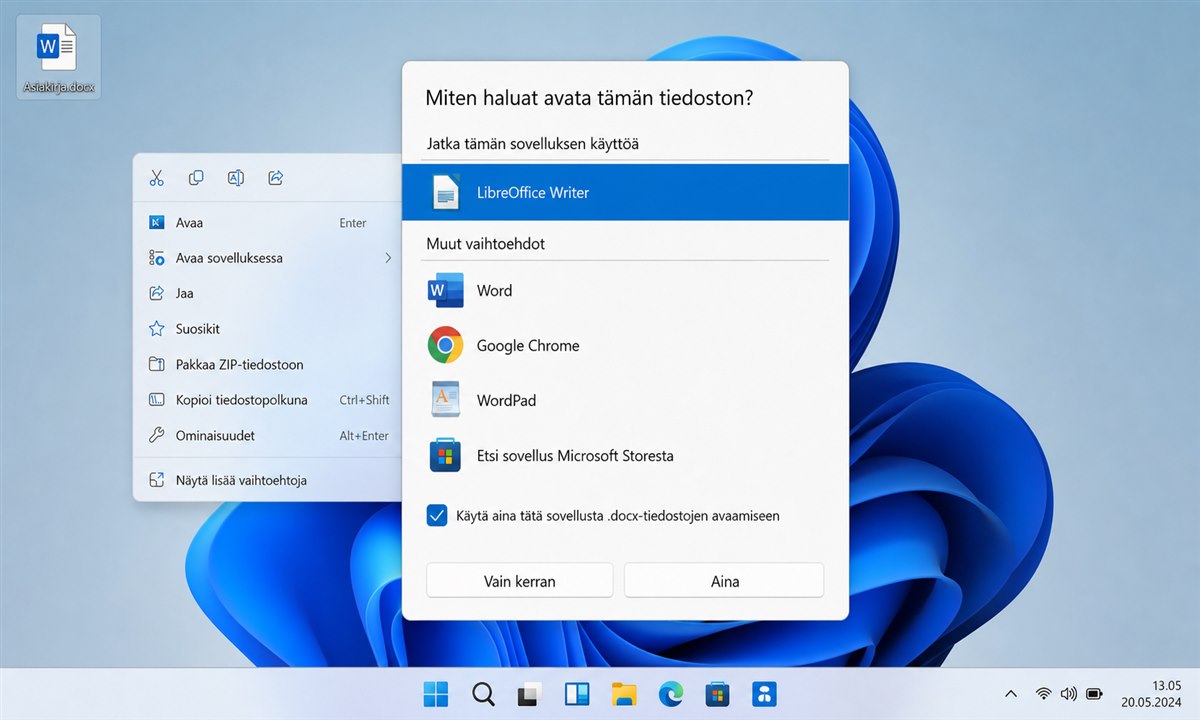 Oletussovelluksen asettaminen docx-tiedostoille Windows 11