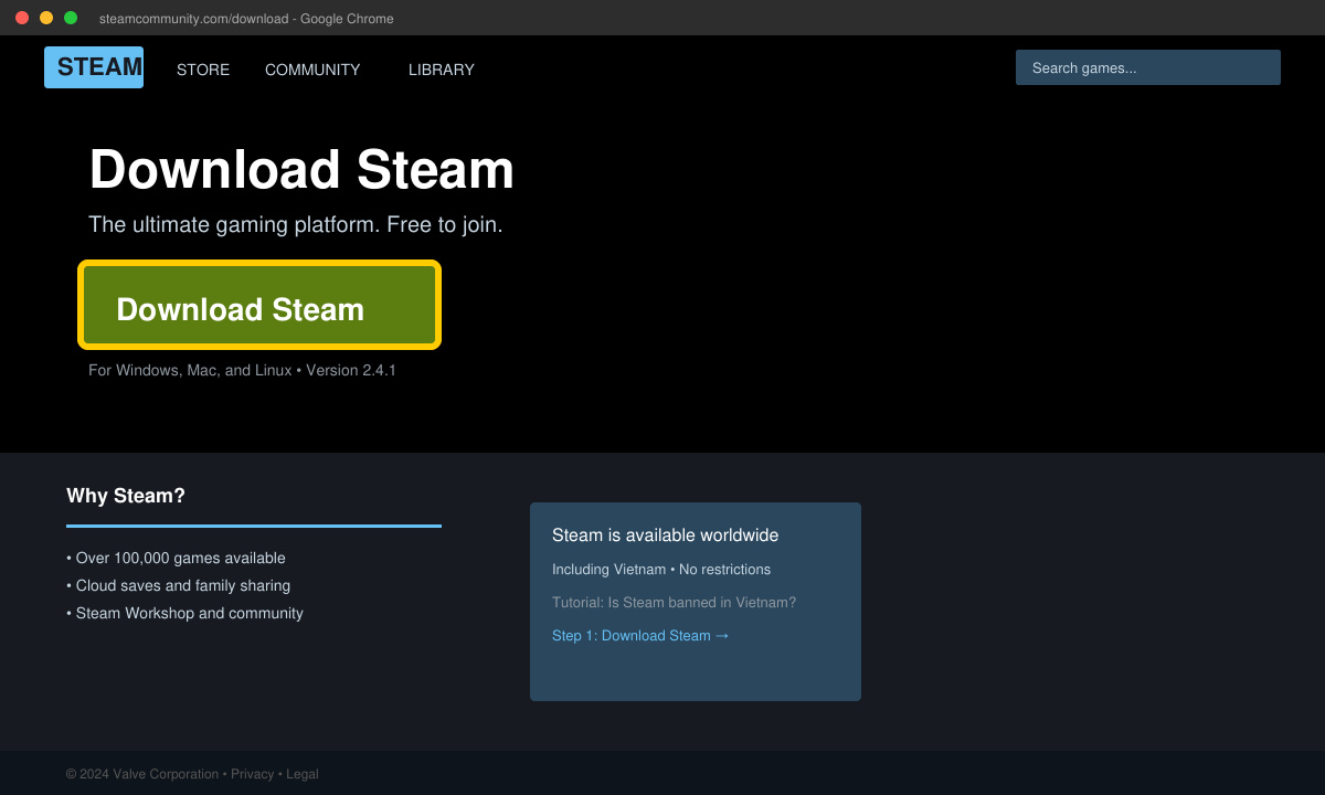 Snímek obrazovky s úspěšně načtenou domovskou stránkou Steam na vietnamské IP