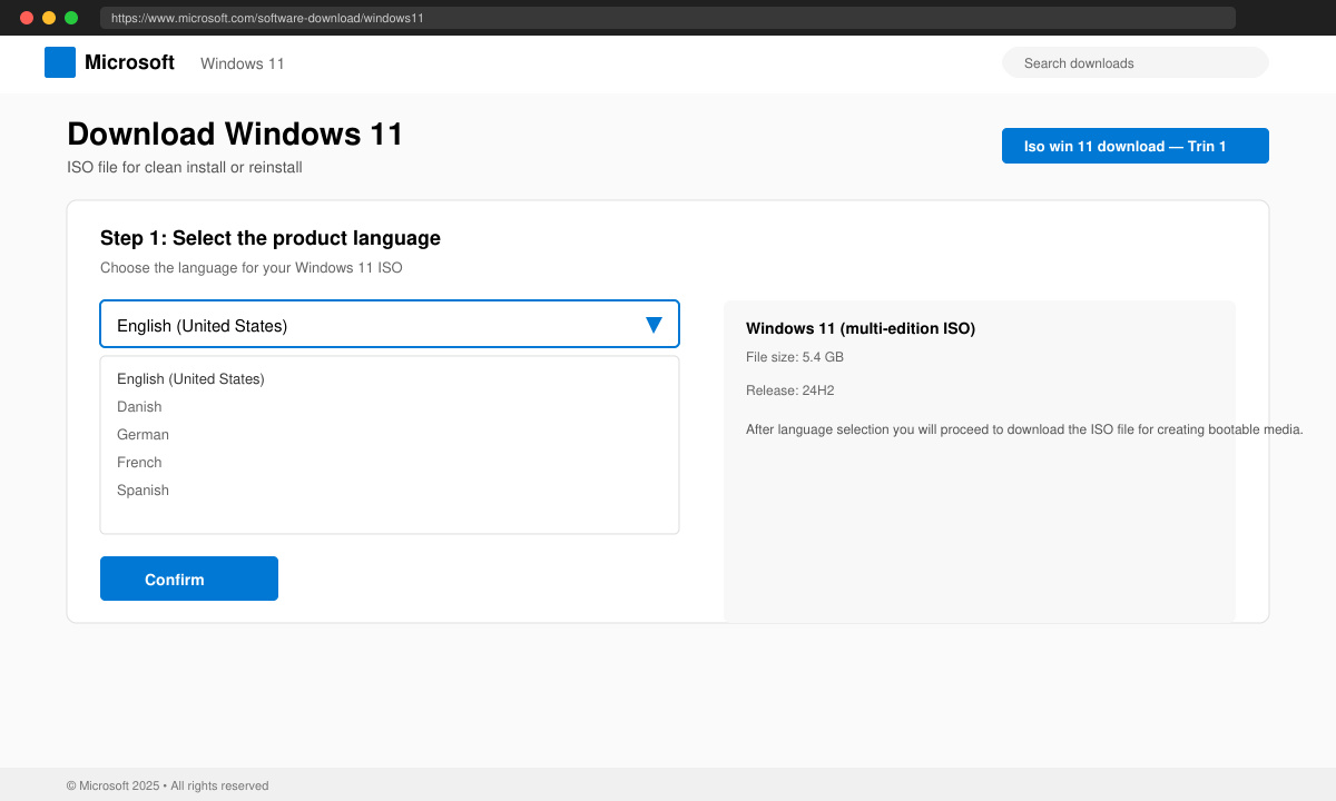 Første trin i Iso win 11 download på Microsofts side