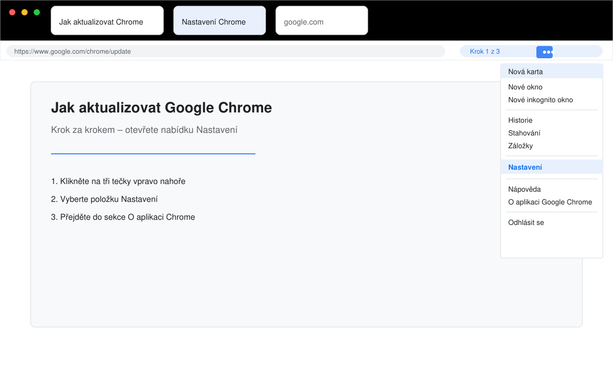 Snímek obrazovky s otevřenou nabídkou tří teček v Google Chrome a zvýrazněnou položkou Nastavení