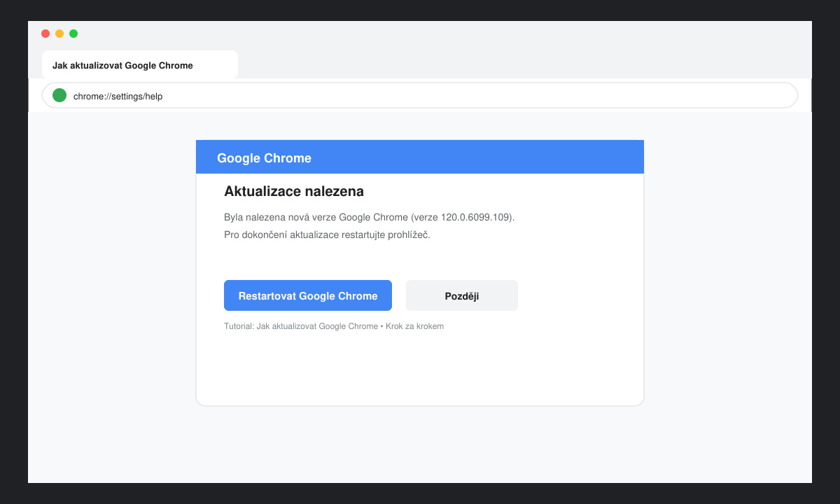 Okno s informací o nalezené aktualizaci a tlačítkem pro restart Google Chrome
