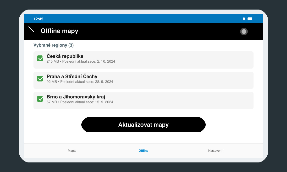 Snímek obrazovky s otevřenou nabídkou Offline mapy v aplikaci Mapy.cz