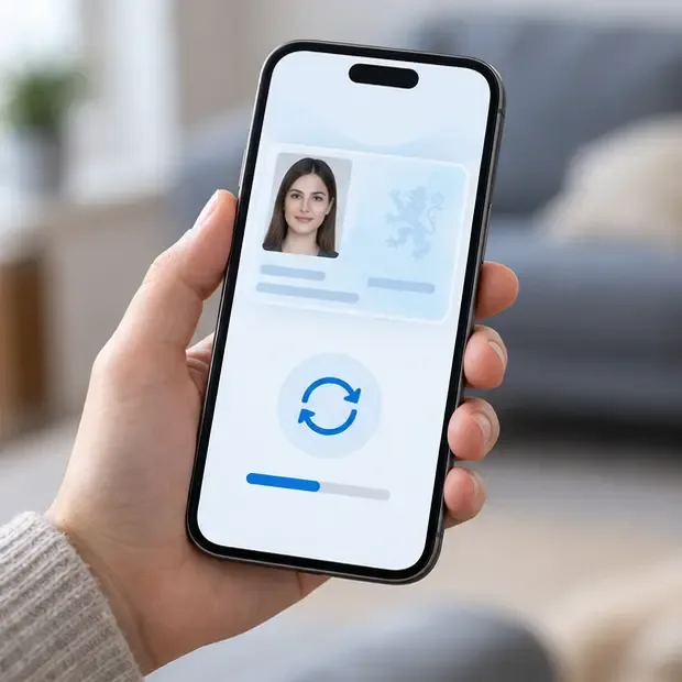 Ruka drží telefon s digitálním dokladem a symbolem obnovování údajů