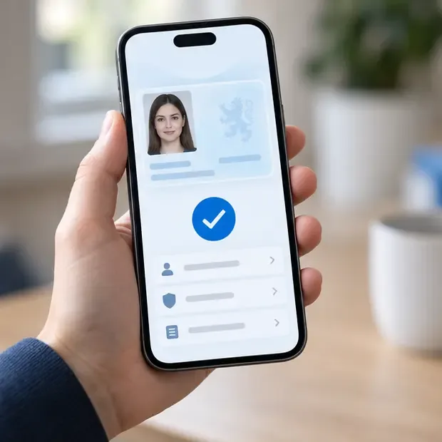 Telefon zobrazuje digitální občanský průkaz s modrou značkou úspěšného ověření