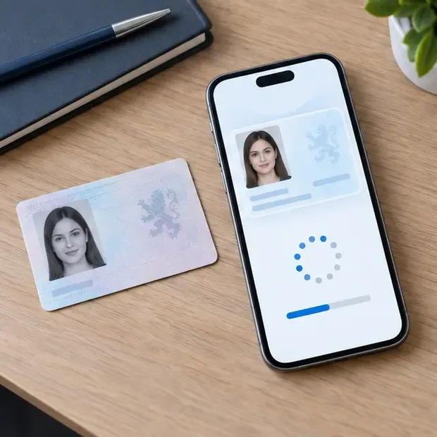 Nová fyzická občanka leží vedle telefonu, na jehož displeji probíhá synchronizace digitálního dokladu