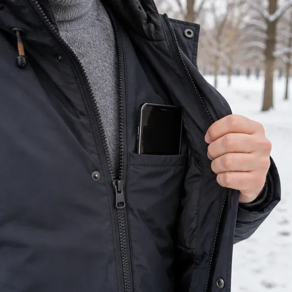 Telefon s tmavým displejem ve vnitřní kapse rozepnuté zimní bundy, v pozadí zasněžené stromy.