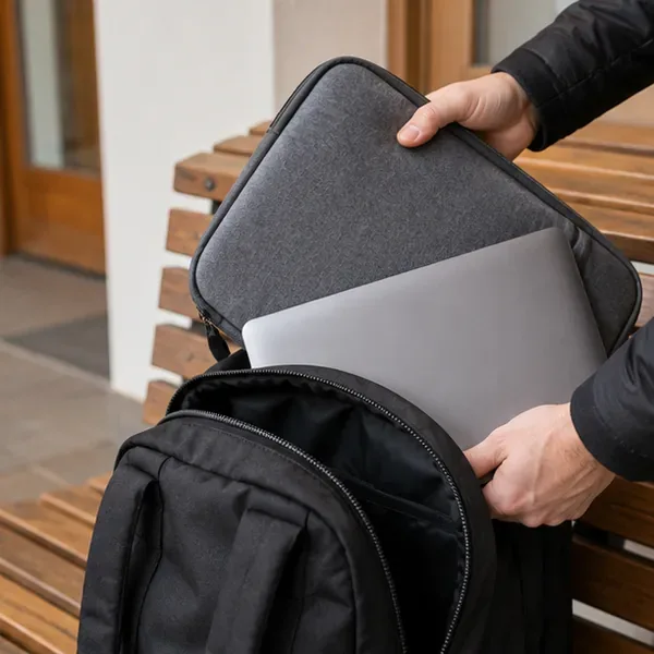 Ruce drží zavřený stříbrný notebook vedle šedého polstrovaného pouzdra nad otevřeným černým batohem.