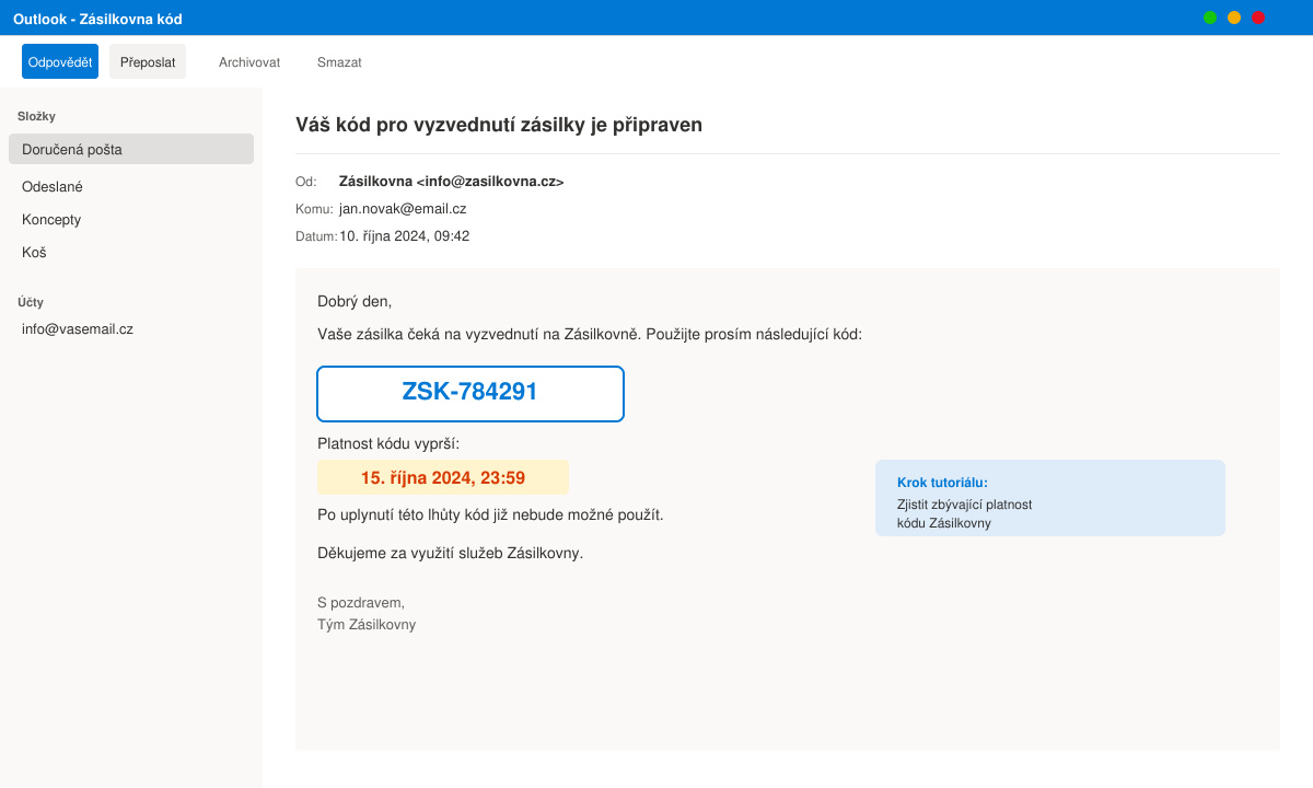 Detail e-mailového oznámení Zásilkovny se zvýrazněným datem expirace kódu