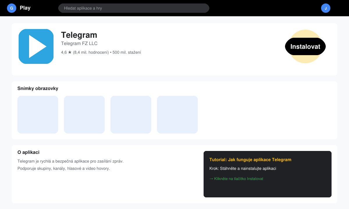 Obrazovka s tlačítkem instalace aplikace Telegram v Google Play