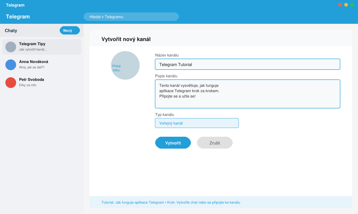Vytvoření nového kanálu v aplikaci Telegram