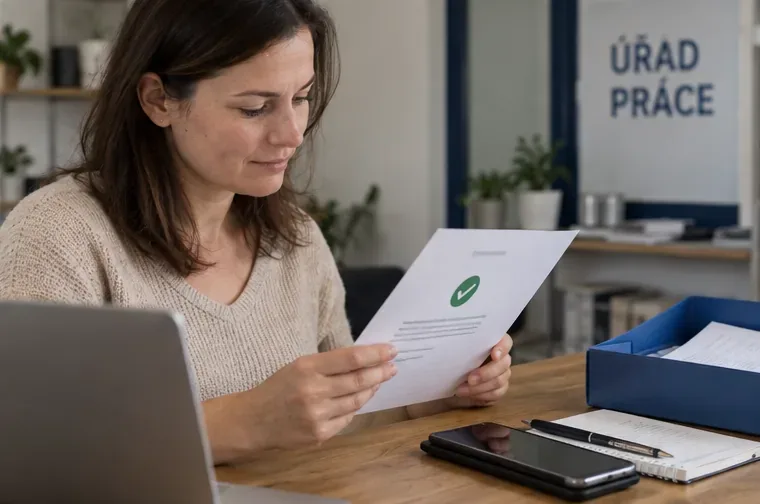 Žena kontroluje potvrzení o vyřízení dokumentu u pracovního stolu, v pozadí je označení Úřad práce.