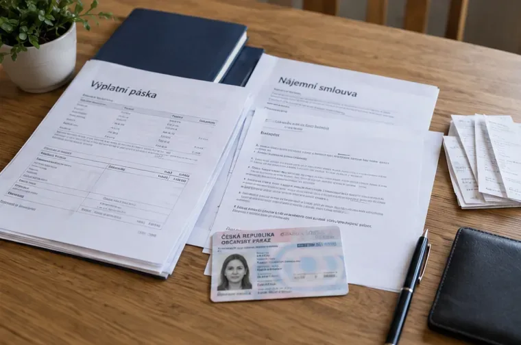 Na stole jsou připravené doklady k doložení změny: výplatní páska, nájemní smlouva, průkaz totožnosti a další dokumenty.