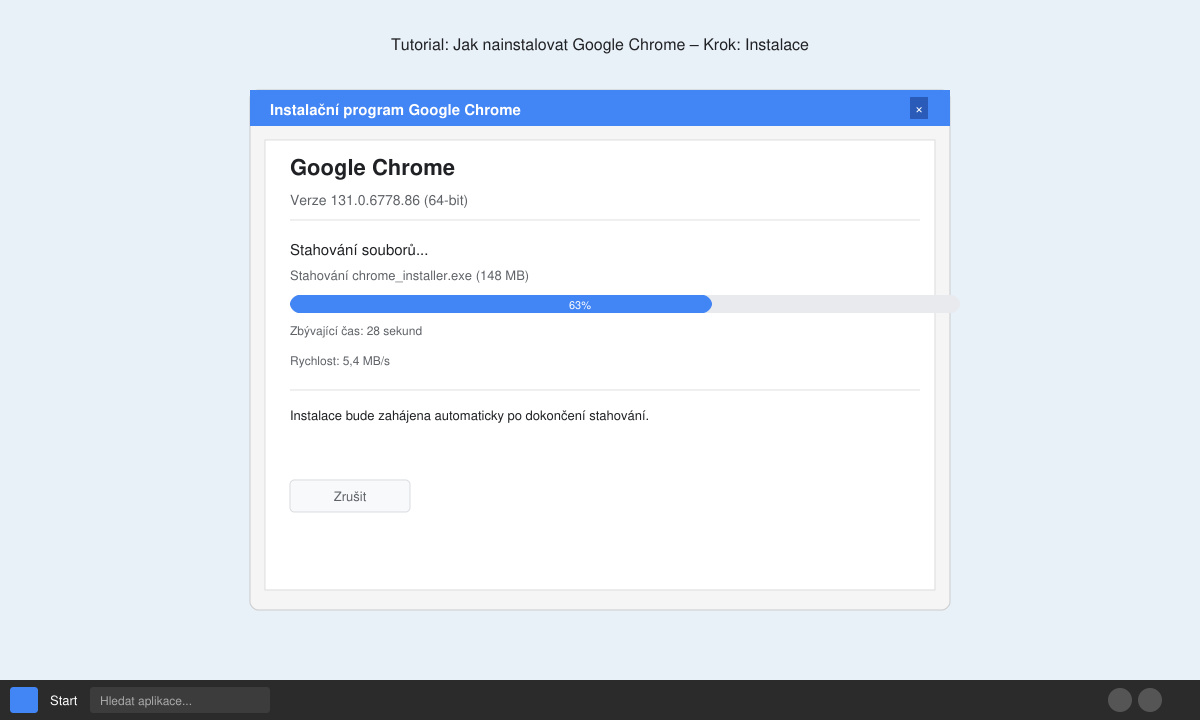 Instalace — Okno instalačního programu Google Chrome s průběhem instalace na Windows