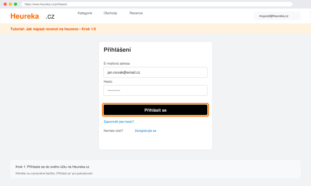Přihlašovací obrazovka na webu Heureka při psaní recenze