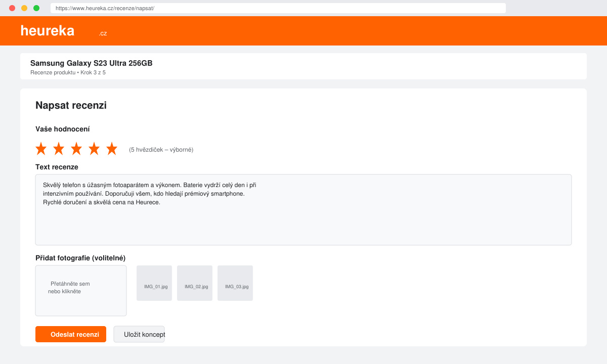 Formulář pro napsání recenze na Heurece s hodnocením hvězdičkami