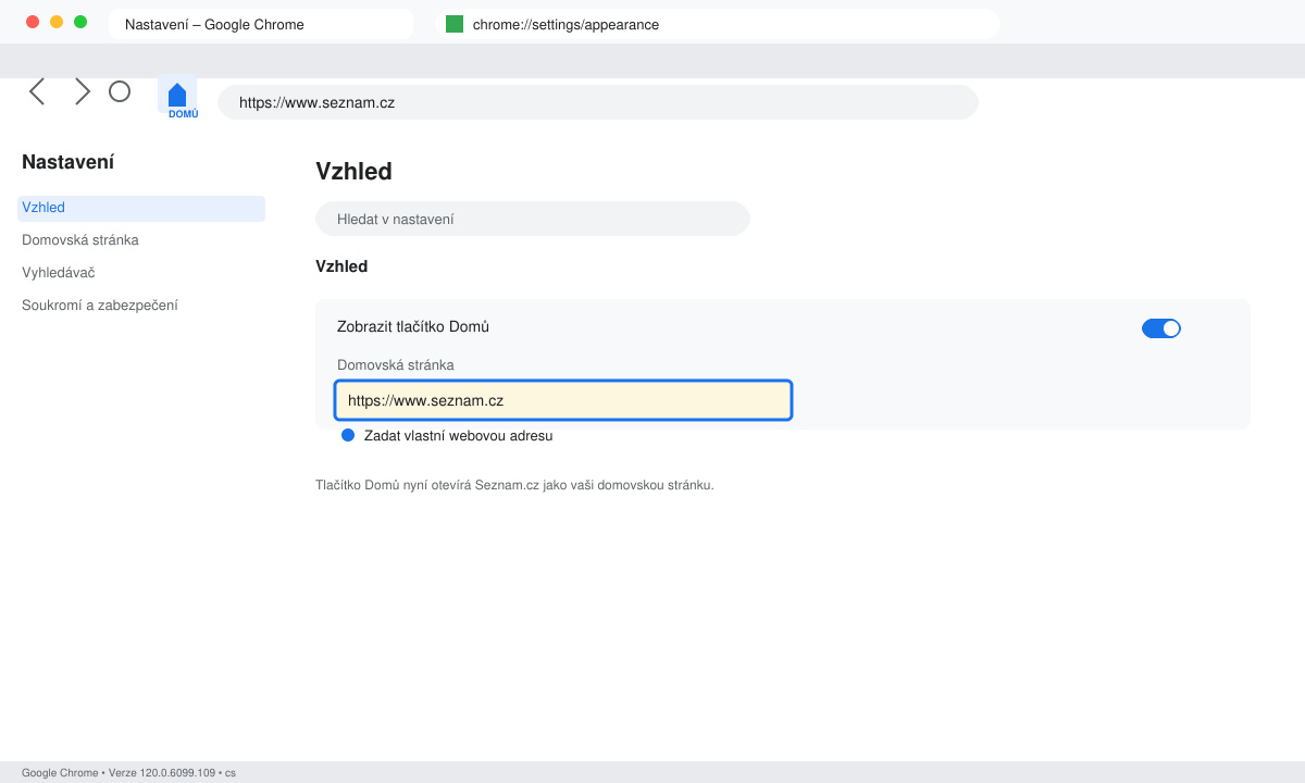 Okno nastavení Google Chrome se zvýrazněnou sekcí Vzhled a polem pro zadání domovské stránky