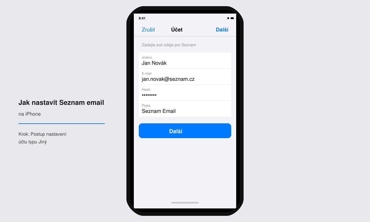obrazovka iPhonu s nabídkou Přidat účet v sekci Mail