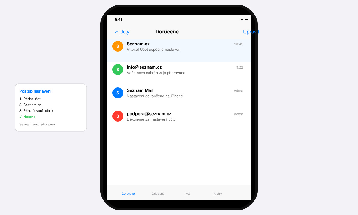 obrazovka aplikace Mail na iPhonu s načtenými e-maily ze Seznamu