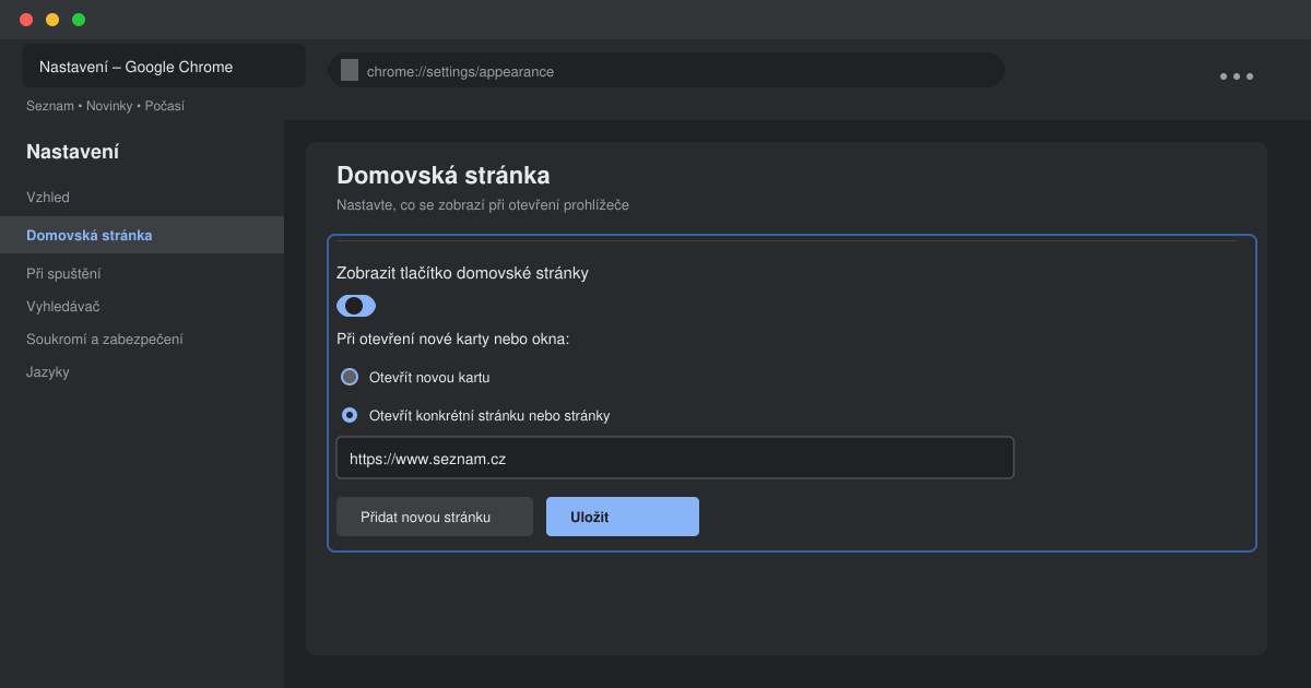 Jak nastavit seznam jako domovskou stránku