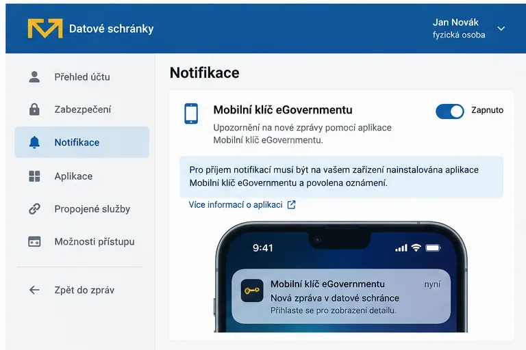 Ilustrační nastavení notifikací pro Mobilní klíč eGovernmentu a ukázka oznámení o nové datové zprávě na telefonu