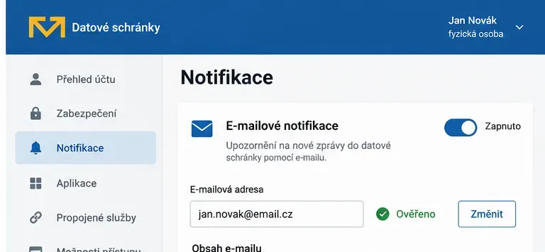 Ilustrační zobrazení sekce Notifikace s aktivním e-mailovým upozorněním a ověřenou e-mailovou adresou
