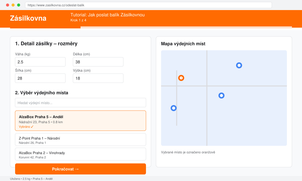 Detail formuláře pro vytvoření zásilky se zadanými rozměry a výběrem výdejního místa
