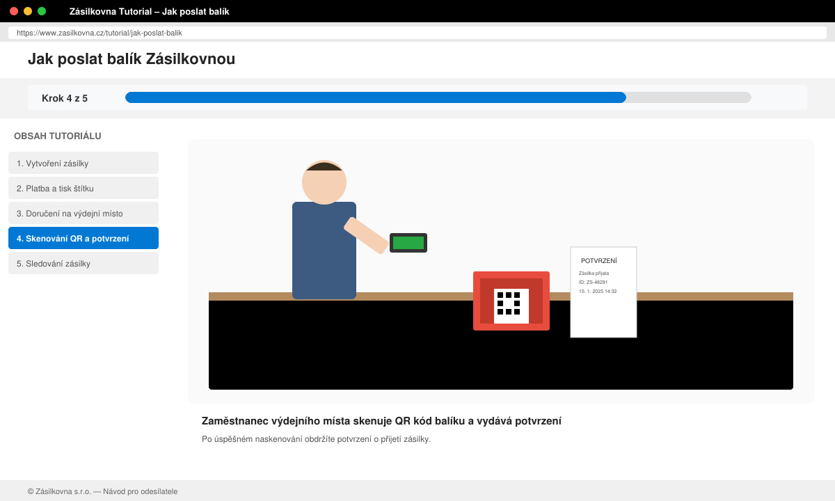 Zaměstnanec výdejního místa skenuje QR kód balíku a vydává potvrzení