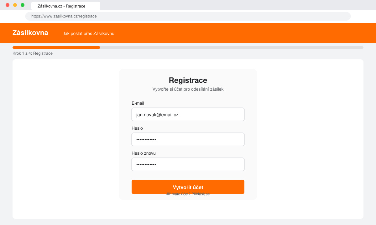 Obrazovka registrace na Zásilkovna.cz