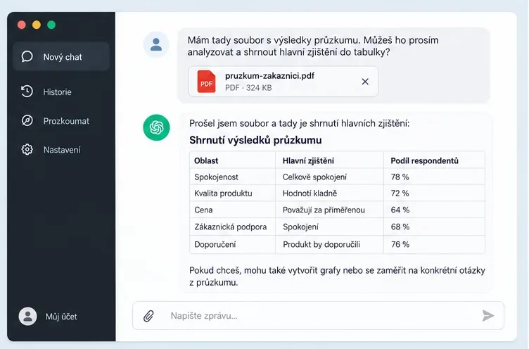 Ukázka konverzace s přiloženým PDF a požadavkem na shrnutí hlavních zjištění do tabulky