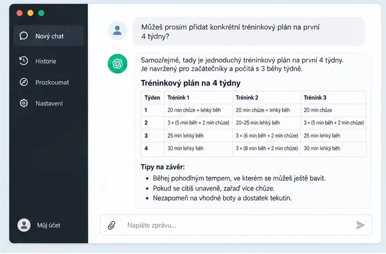 Navazující dotaz v konverzaci, který žádá konkrétní čtyřtýdenní plán v přehledné tabulce