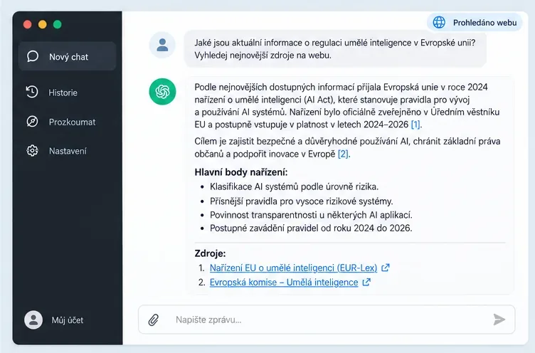 Ukázka dotazu na aktuální informace s vyhledáváním na webu a seznamem zdrojů pod odpovědí