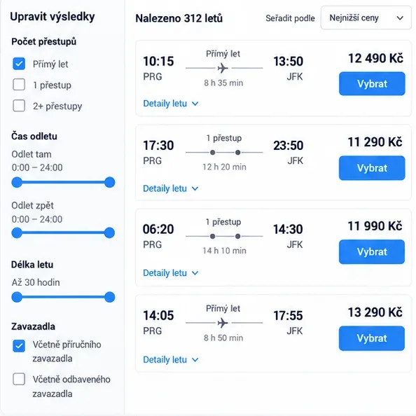 Výsledky vyhledávání letů s filtry pro přestupy, časy odletu, délku letu a zavazadla