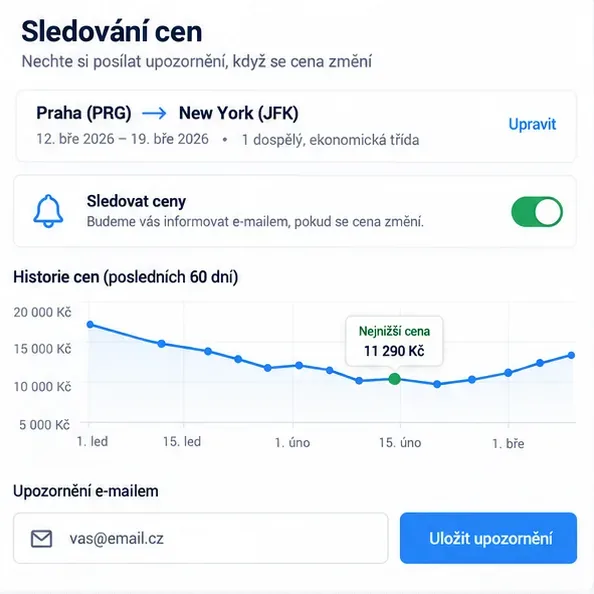 Ukázka sledování ceny letu s přepínačem upozornění a grafem vývoje ceny