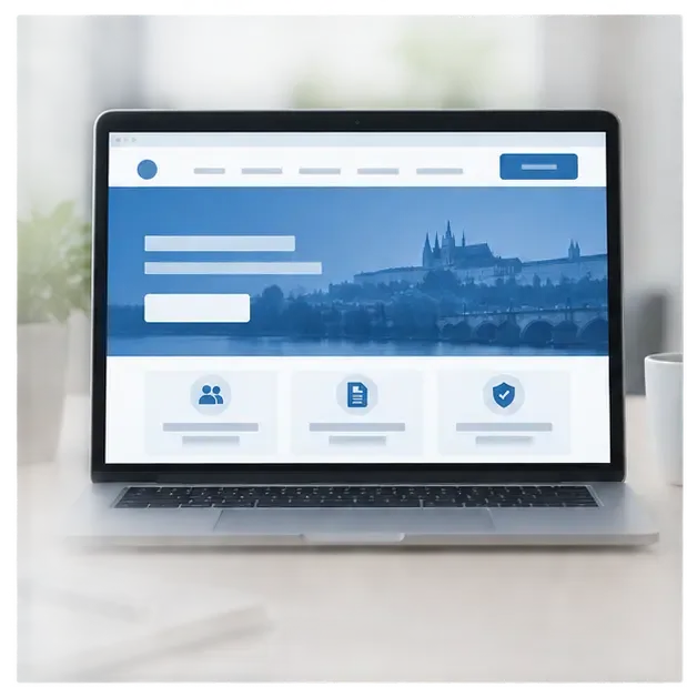 Ilustrační obrazovka veřejného online portálu na notebooku s modrým záhlavím a přihlašovacím polem