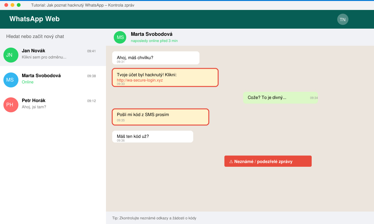 Detail chatu ve WhatsAppu se zvýrazněnými neznámými zprávami