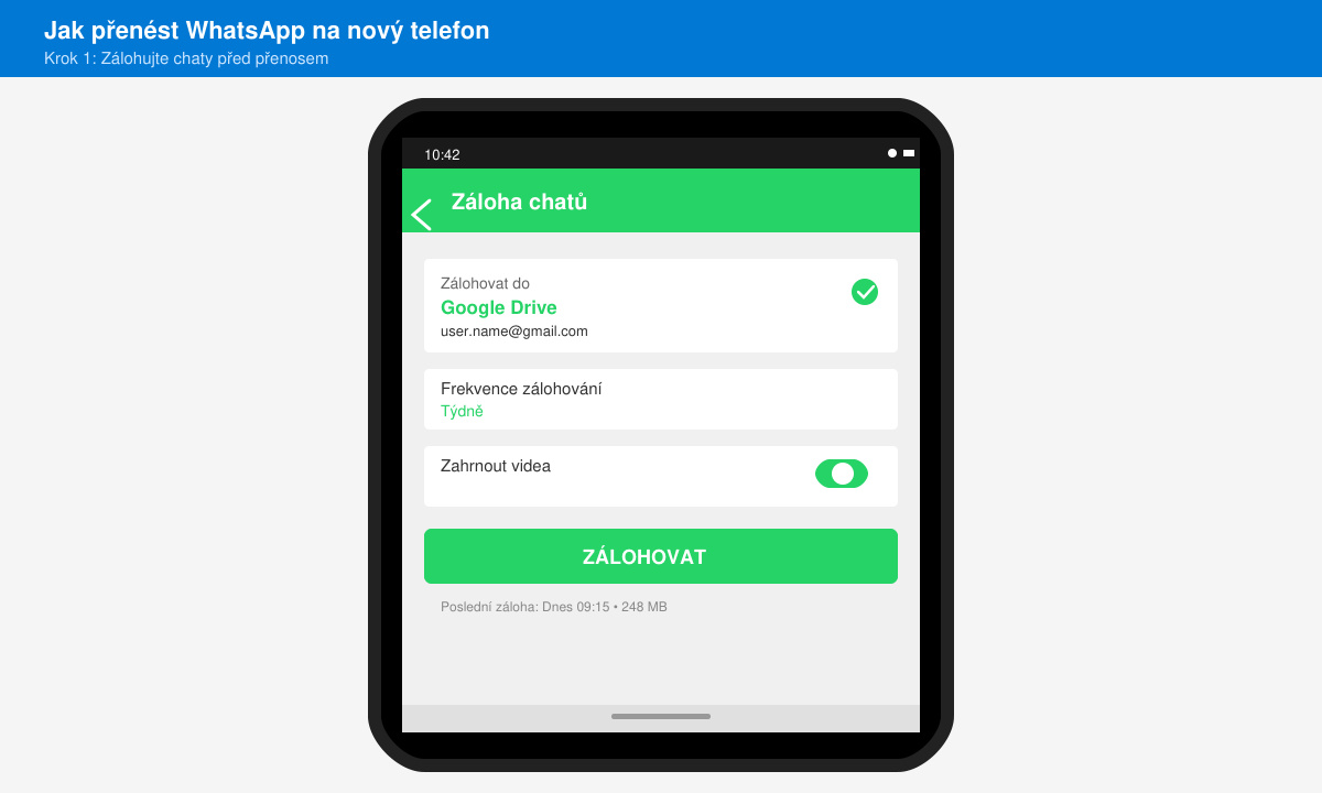 Snímek obrazovky WhatsApp se zobrazeným menu Zálohovat chaty na Androidu